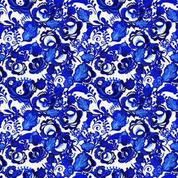 Blue floral seamless pattern in Russian gzhel background