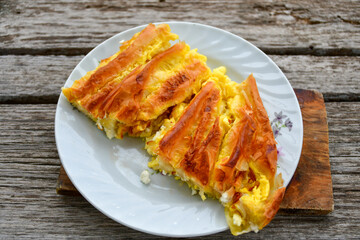 Bakery .Home made  cheese pie  with phyllo pastry and organic eggs. Bulgarian banitsa