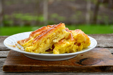 Bakery .Home made  cheese pie  with phyllo pastry and organic eggs. Bulgarian banitsa