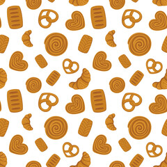 Baking pattern. A set of pastries from a bakery or pastry shop. Bakery or cafe concept. Vector illustration.