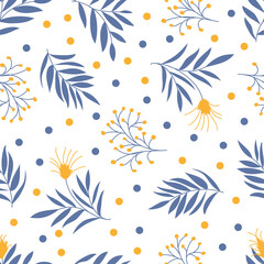 Fototapeta na wymiar Seamless flat background with leaves and stylized flowers. The summer Botanical pattern. Vector illustration isolated on a white background. Web, packaging, paper, textiles, Wallpaper