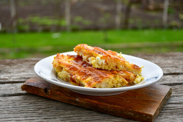 Bakery .Home made  cheese pie  with phyllo pastry and organic eggs. Bulgarian banitsa