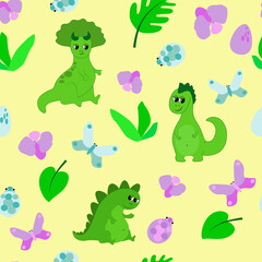 Seamless pattern with funny and happy dinosaurs, leaves, bugs, butterflies, orchid flowers on a yellow background. Charming characters for children's textiles, for wrappers.