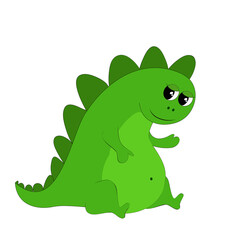 Cute green dinosaur in childrens cartoon style isolated on white background. The prehistoric animal is joyful and charming. 