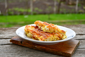 Bakery .Home made  cheese pie  with phyllo pastry and organic eggs. Bulgarian banitsa