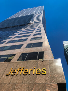 Upward view of the building in midtown Manhattan where the offices of Jefferies are located.