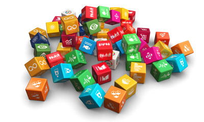 Sustainable Development inspiration work. 3D rendering colorful cubes Illustration of Corporate social responsibility. Concept design to create a Sustainable world. 3D Icons. 3D Illustration.