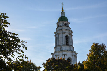 Fototapeta na wymiar Bell tower of Mgar orthodox male Spaso-Preobrezhanskiy (Savior-Transfiguration) monastery. Famous place near Lubny of Poltava region. Ukraine.