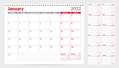 Calendar planner template 2022. Week start from Monday. Set of 12 Months. Ready for print. Vector Illustration