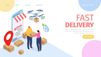 Fast delivery service, web page, vector illustration. Order food online with mobile application, courier deliver package from huge smartphone