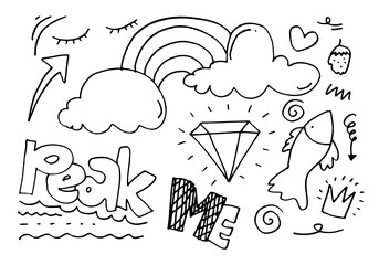 hand drawn set elements, black on white background. rainbow, arrow, king, emphasis, cloud, diamond, swirl, fish, strawberry, and peak me text for concept design.