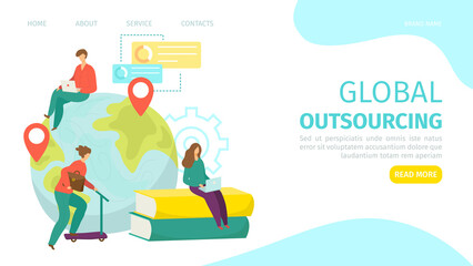 Global outsourcing concept, web page, vector illustration. People character work with laptop computer, online business communication.