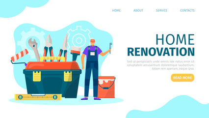 Home renovation, landing banner, vector illustration. Flat professional house repair, man worker character near flat big toolbox web page.