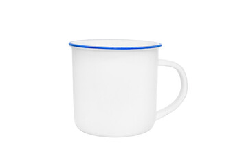 White vintage mug isolated on white background. Retro style steel cup, mock-up.