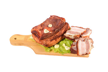 Pork fat.A piece of homemade boiled brisket with meat layers is isolated on a white background.
