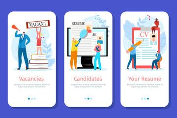 Human resources, mobile web page set, vector illustration. Job vacancies, candidates for work, business worker resume, landing banner collection.