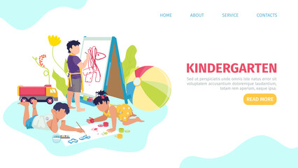 Kindergarten, landing banner, vector illustration. Little people, girl boy character play at cartoon preschool, web page. Flat education in childhood