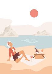 Girl sitting on the beach with picnic basket, glasses of red wine and baquette. Women looking on the sky, red sun. Abstract landscape, summer illustration with hills, water, seaside.