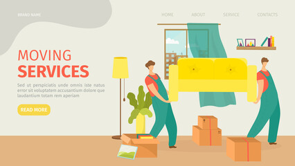 Moving service, furniture relocation, vector illustration. Worker people character move sofa at home, flat furniture transportation, web page.