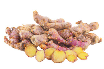 Fresh Red Ginger root and slice isolated on white background.