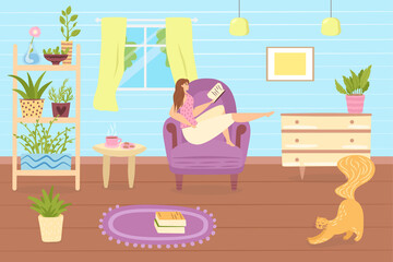 Woman read book, vector illustration. Flat girl character relax at room, young female person study at sofa. Modern education lifestyle