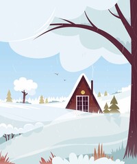 Beautiful landscape. A forest house in the middle of a thicket. Cartoon style. Banner. Winter season in the forest. Vector graphics.