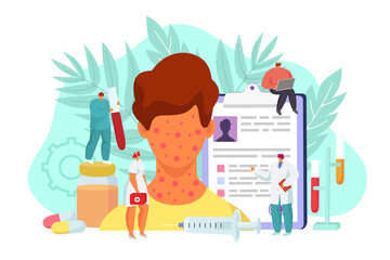 Skin allergy treatment concept, vector illustration. Medical health care about patient face skin, cartoon disease with red rash.