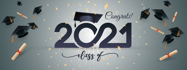 Class of 2021 typography lettering. Poster with golden glitter confetti. Congratulations graduates line design gold black cap white isolated background banner.