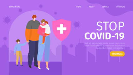 Stop covid virus concept, vector illustration. Coronavirus outbreak protection, family man woman children character use infection prevention