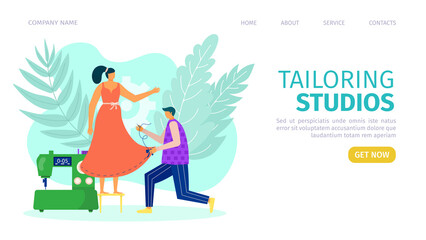 Tailoring studios concept, template banner, vector illustration. Tailor fix costumer woman character dress at atelier, landing page.