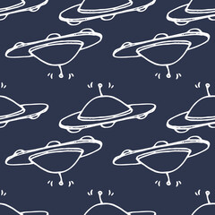 UFO ship icon, isolated element for the design of a white outline on a black background. A plate of space aliens. Vector illustration hand drawn in the style of doodle flying saucer aliens giving a si