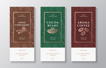 Home Fragrance Vector Label Templates Set. Hand Drawn Sketch Cinnamon, Coffee, Cocoa Beans and Flowers Background with Typography. Room Perfume Packaging Design Layout. Realistic Mockup. Isolated