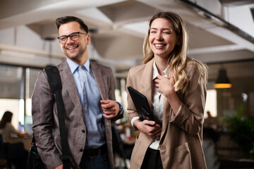 Colleagues in office. Businesswoman and businessman discussing work in office.