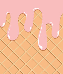 Background with waffle and pink sundae. Ice cream background for cards, background for inscriptions, summer background. Vector illustration
