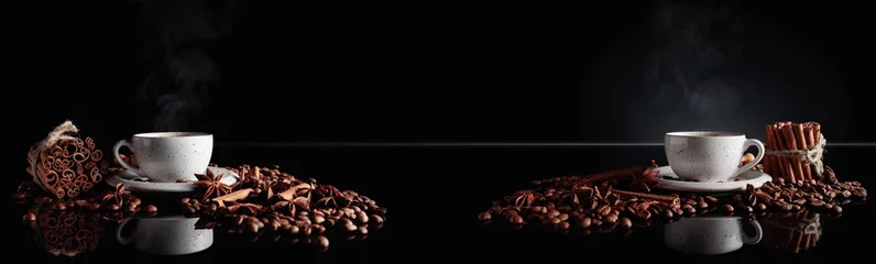 Photo sur Plexiglas Café Café noir dans une tasse blanche avec des grains de café, des bâtons de cannelle et de l& 39 anis étoilé.