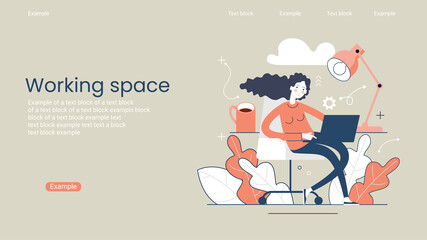 Person working with laptop. Freelancing concept. Freelance work page template. Remote work. Distance business. Flat style illustration.