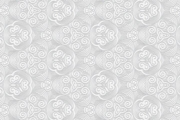 Geometric volumetric convex white background. Ethnic African, Mexican, Indian motives. 3d embossed abstract pattern.Trendy craft style.