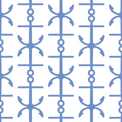 Minimalist anchor vector repeat pattern. Blue nautical seamless illustration background.