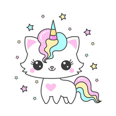 Cute cartoon cat unicorn and stars. Children's design. Vector © Zerlina
