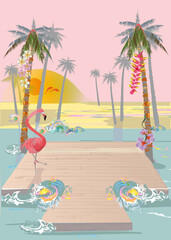 Series of sunset summer backgrounds with beach views, waves and seacoast.   Hand drawn vector illustration. 