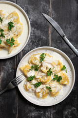 Deux assiettes de raviolis fait maison avec du persil et fromage râpé