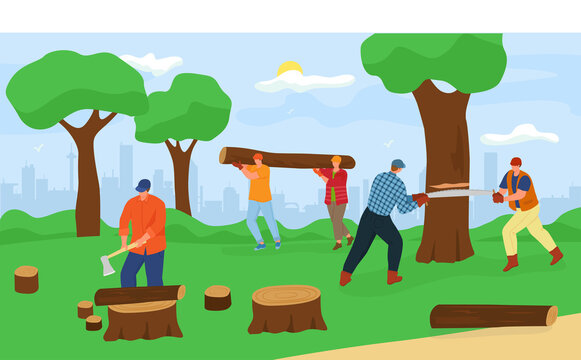 Wood processing at forest, vector illustration. Man worker character cutting out tree, carry wood material for industry work. Male person group