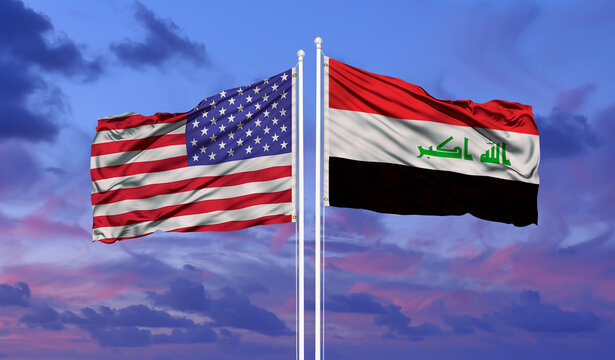 Double Flag Iraq and United States of America flag waving flag with texture background - 3D illustration - 3D render