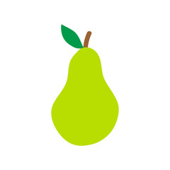 Pear vector with stem and leaf. Cartoon hand drawn illustration isolated on white.