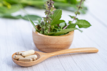 Alternative medicine herbal organic capsule, mineral, drug with herbs leaf natural supplements for healthy good life.