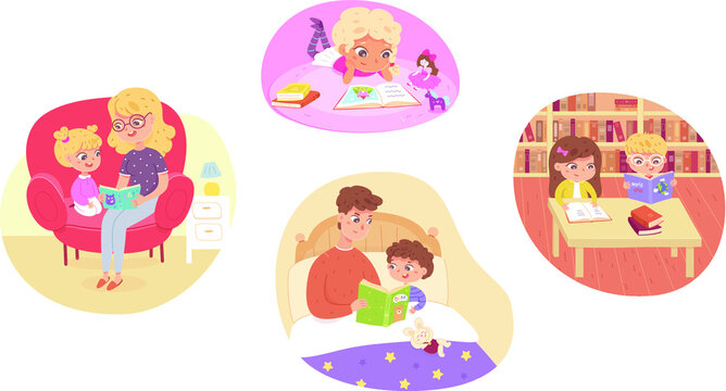 Kids reading books set. Happy clever children learning vector illustration. Father with son in bed, mother with daughter, girl lying at home, boy with friend in school library.