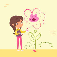 Childr painting yellow wall in kindergarten. Kid doing creative art with brushe vector illustration. Little girl drawing pink flower with paint