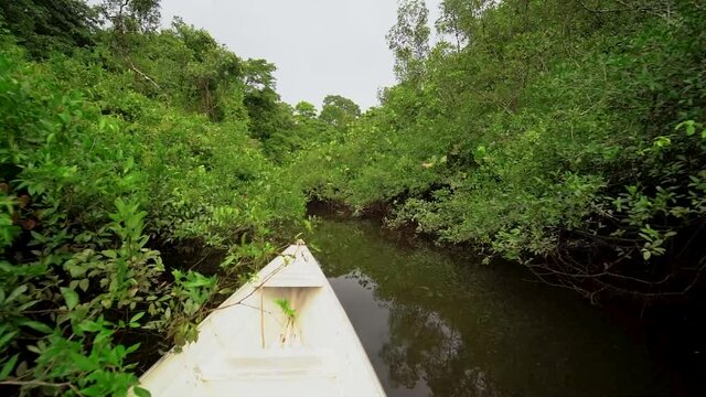 white boat on the oiapoque river amapa amazon brazil rainforest filmed with sony A7iii