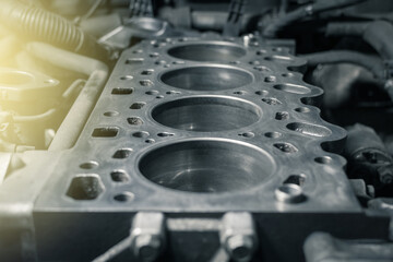 Disassembled car engine without cylinder head. Repair of an old turbocharged diesel engine in a car...