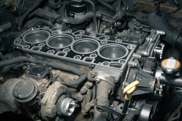 Short block with installed cylinder head gasket. Repair of a turbocharged diesel engine in a car...